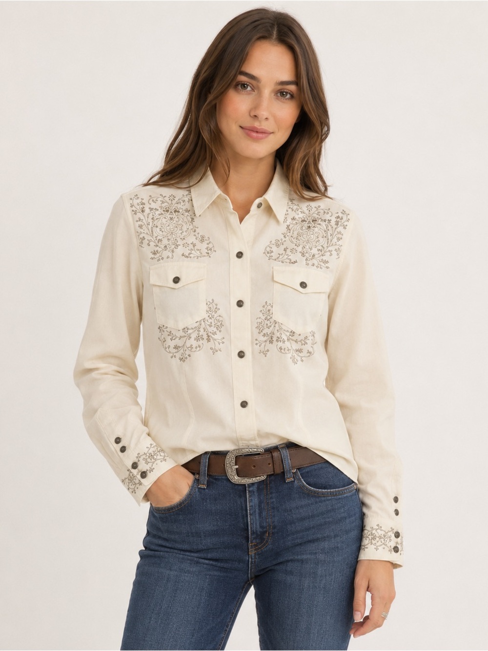 Vintage Roper Embroidered Western Shirt Women’s L Pearl Snap Cowboy Rodeo Ivory